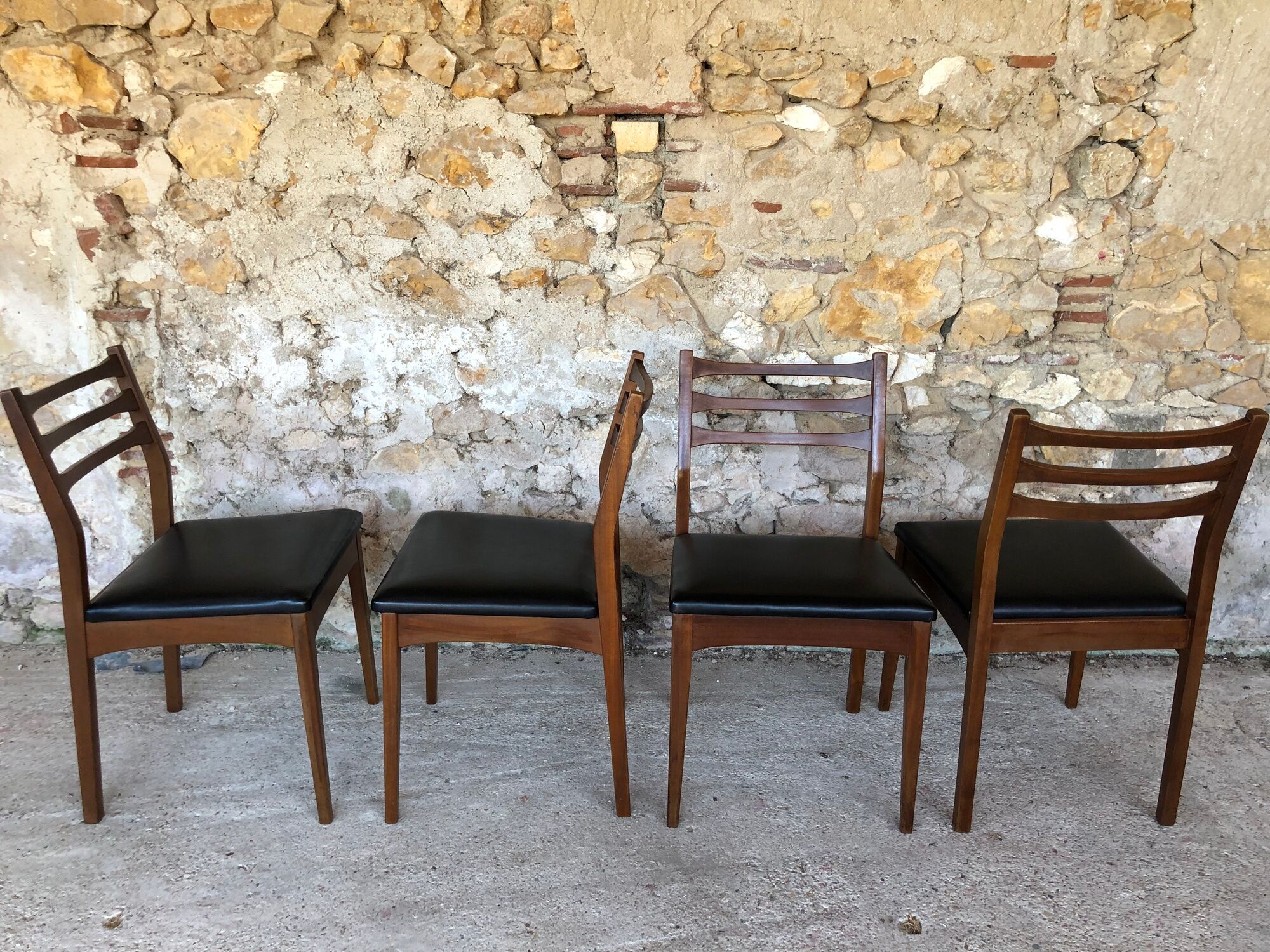 Set of 4 Scandinavian chairs teak and black skai 60s