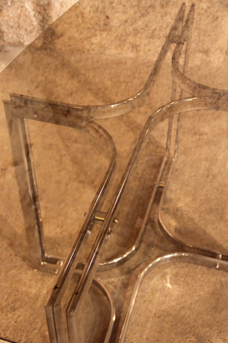 Dining table glass smoke base chromed metal 1970