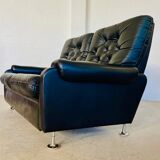 Canapé vintage danois rétro 2 places en cuir noir capitonné, années 1970