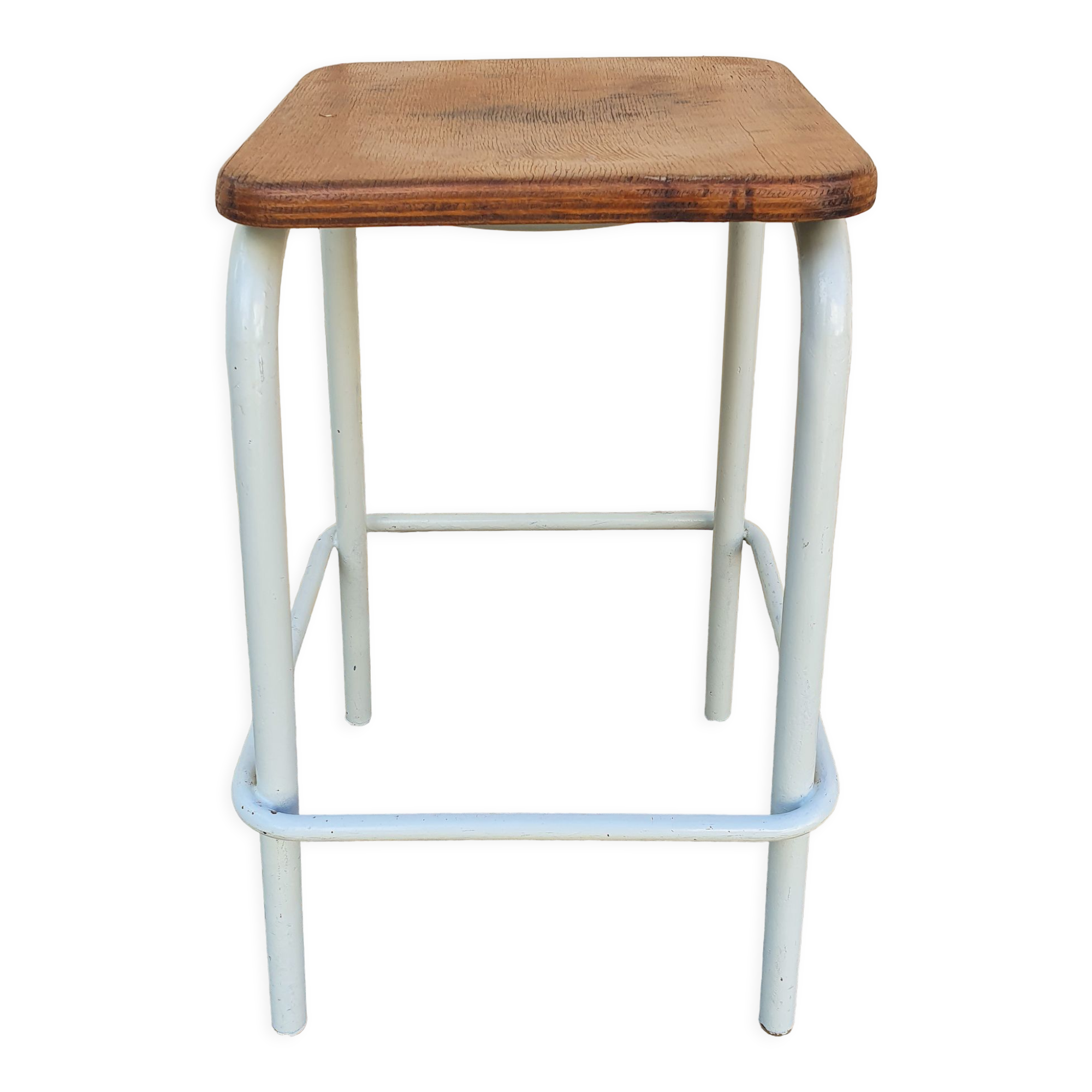 Tabouret industriel carré blanc bois et métal vintage