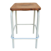 Industrial stool, square, white. wood and metal, vintage