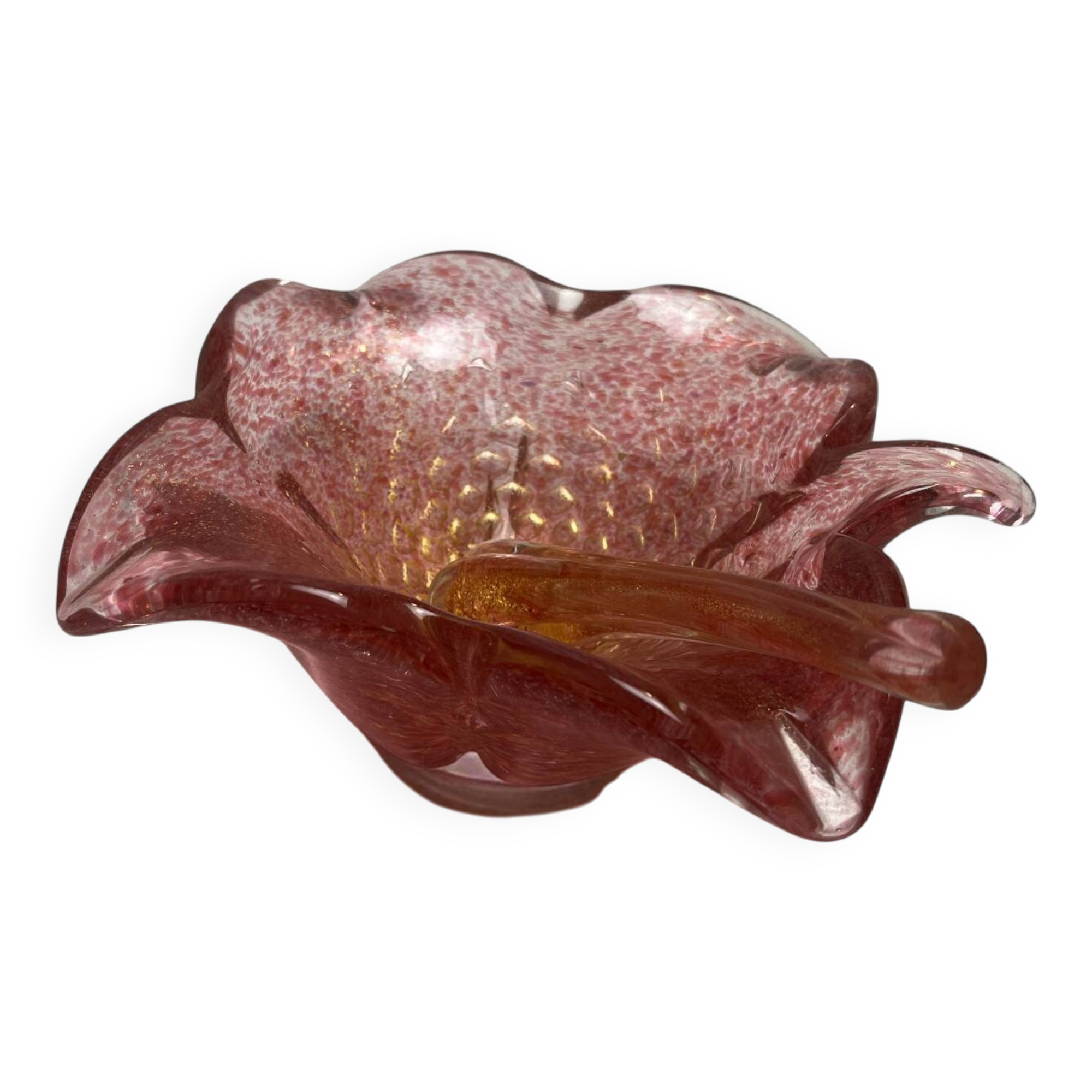 Murano, vide poche forme mortier fleur rose et or XXème
