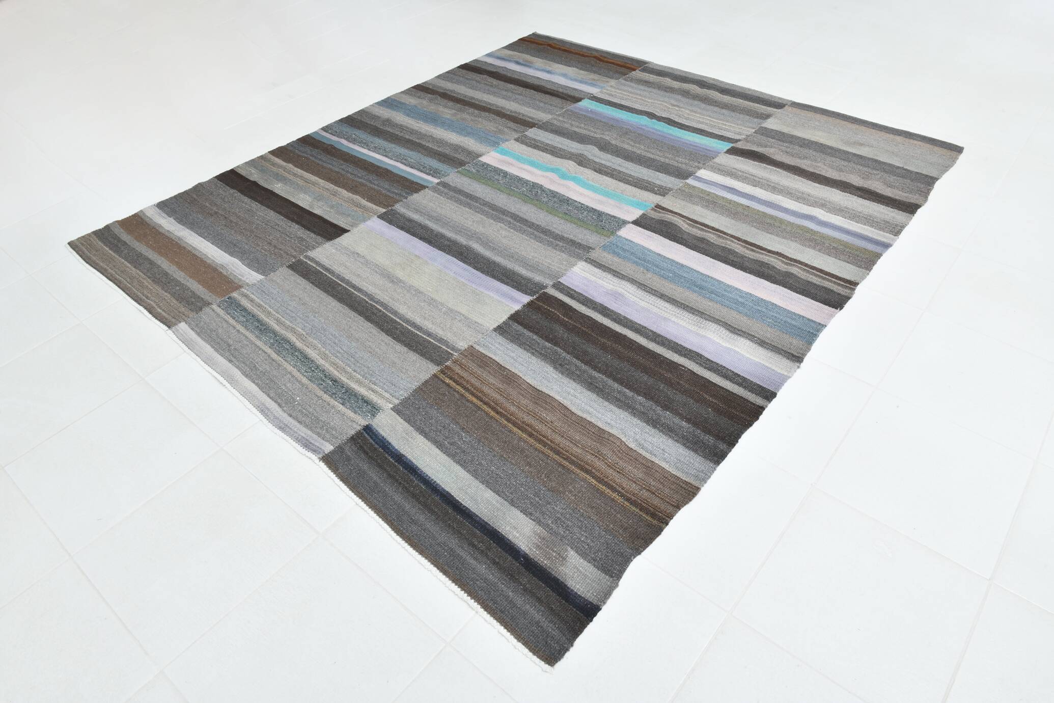 7x9 Gray & Teal Green Handmade Kilim Rug, 224x264Cm
