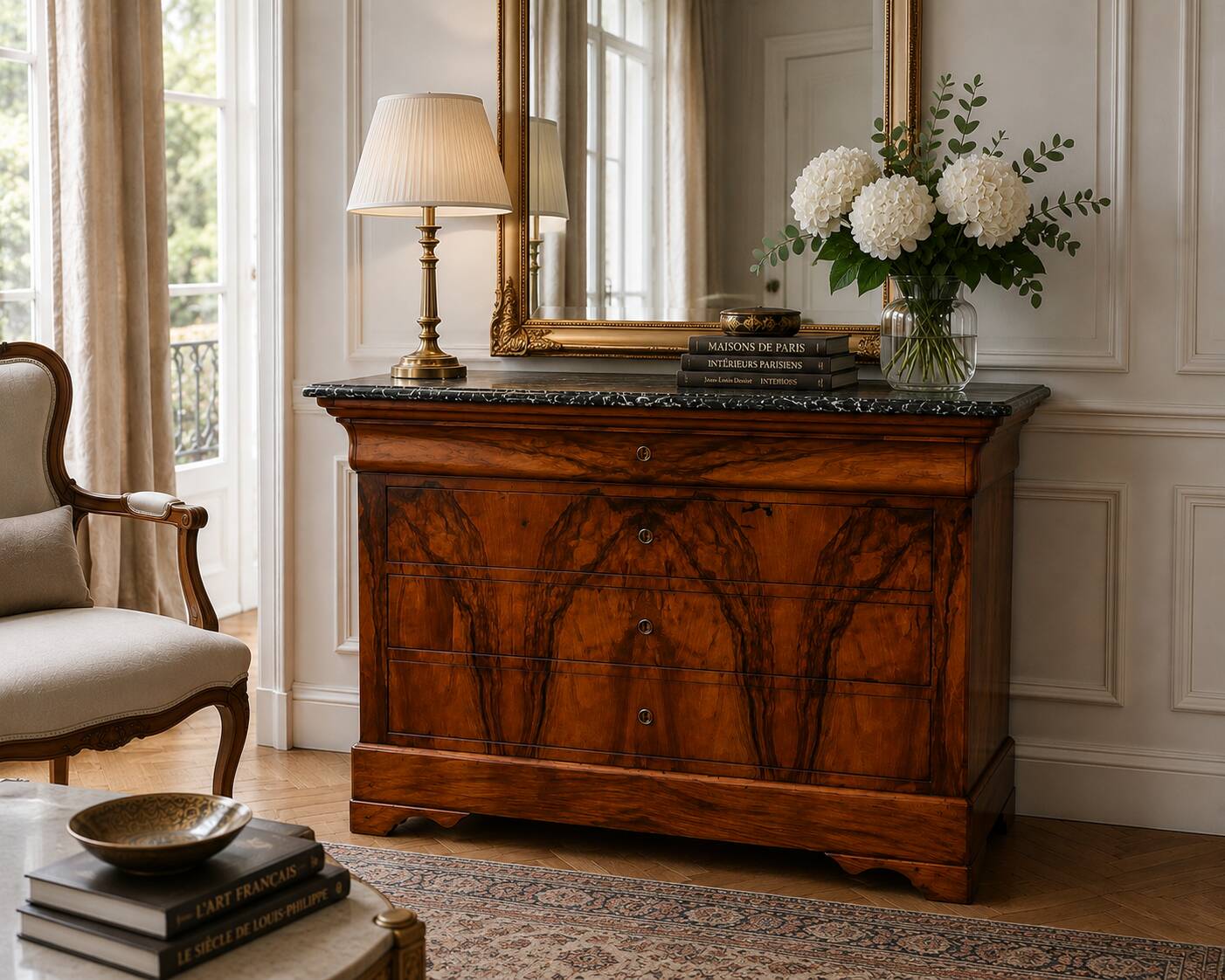Commode d’époque Louis-Philippe en ronce de noyer, milieu du XIXe siècle