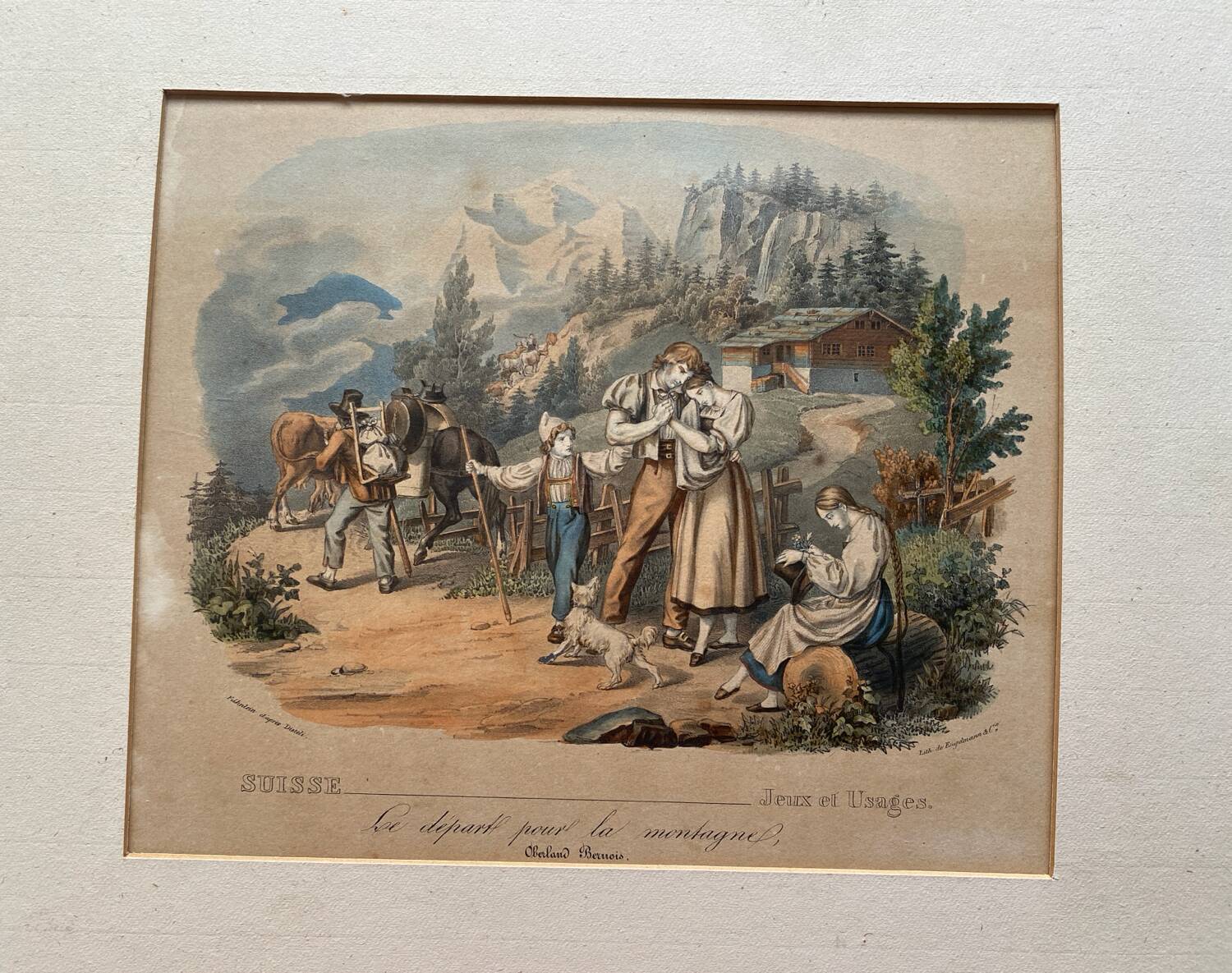 Grande gravure ancienne suisse « le départ pour la montagne »