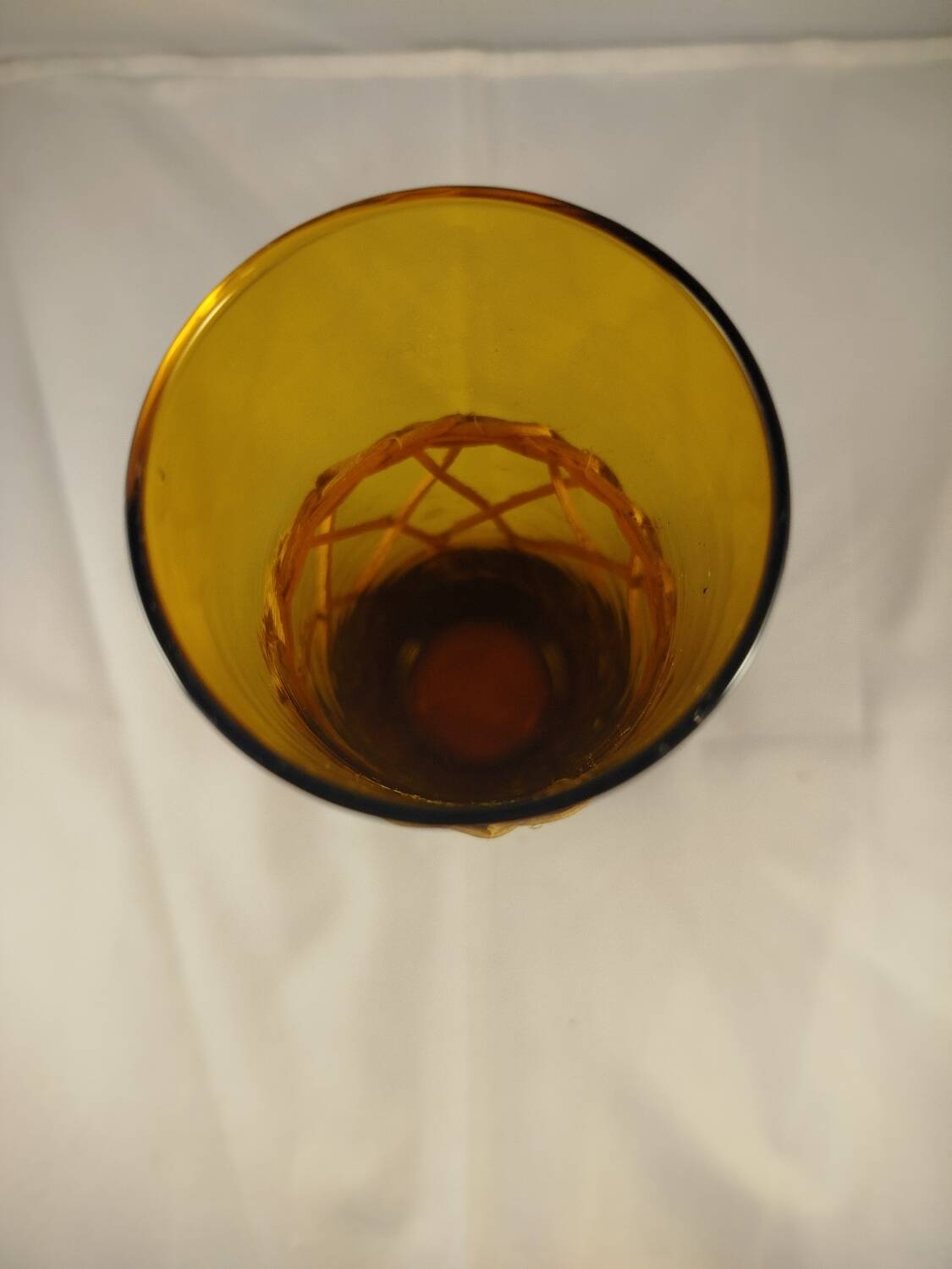 Carafe and 5 glasses set, amber glass and woven wicker, bohemian chic