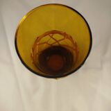 Carafe and 5 glasses set, amber glass and woven wicker, bohemian chic