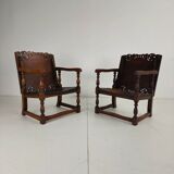 Pair of English antique Jacobean monk armchairs / tables by F. Parker & Sons Ltd