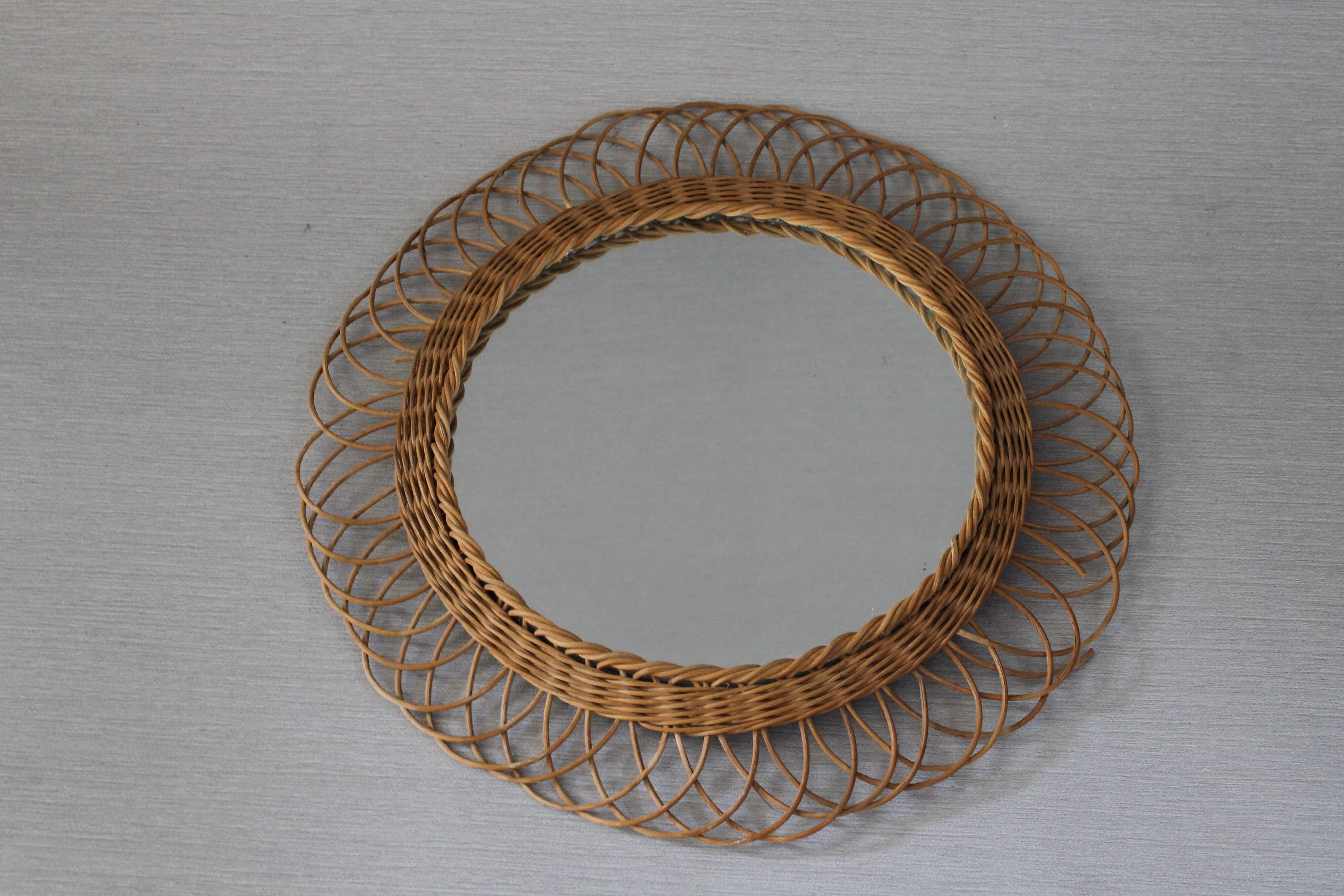 Miroir soleil en rotin vintage - 1970