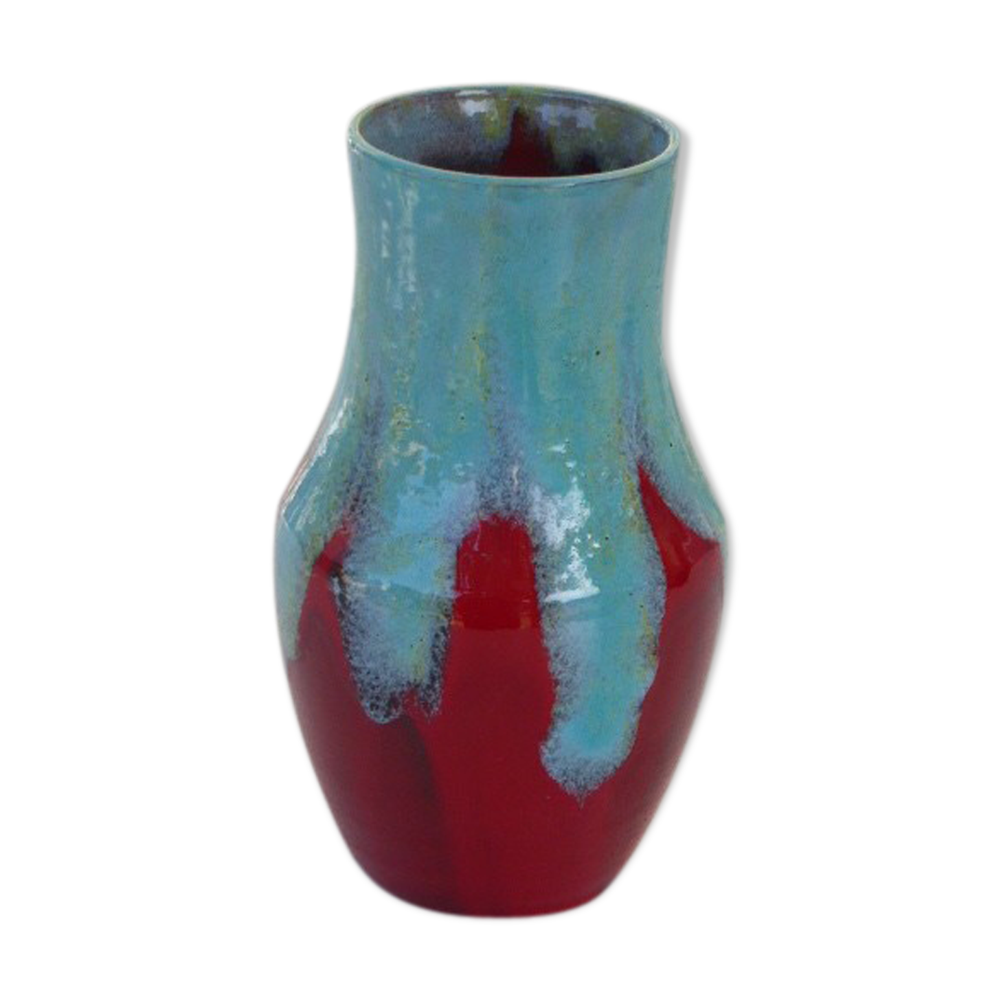An emailed ceramic vase in turquoise and red, design and vintage