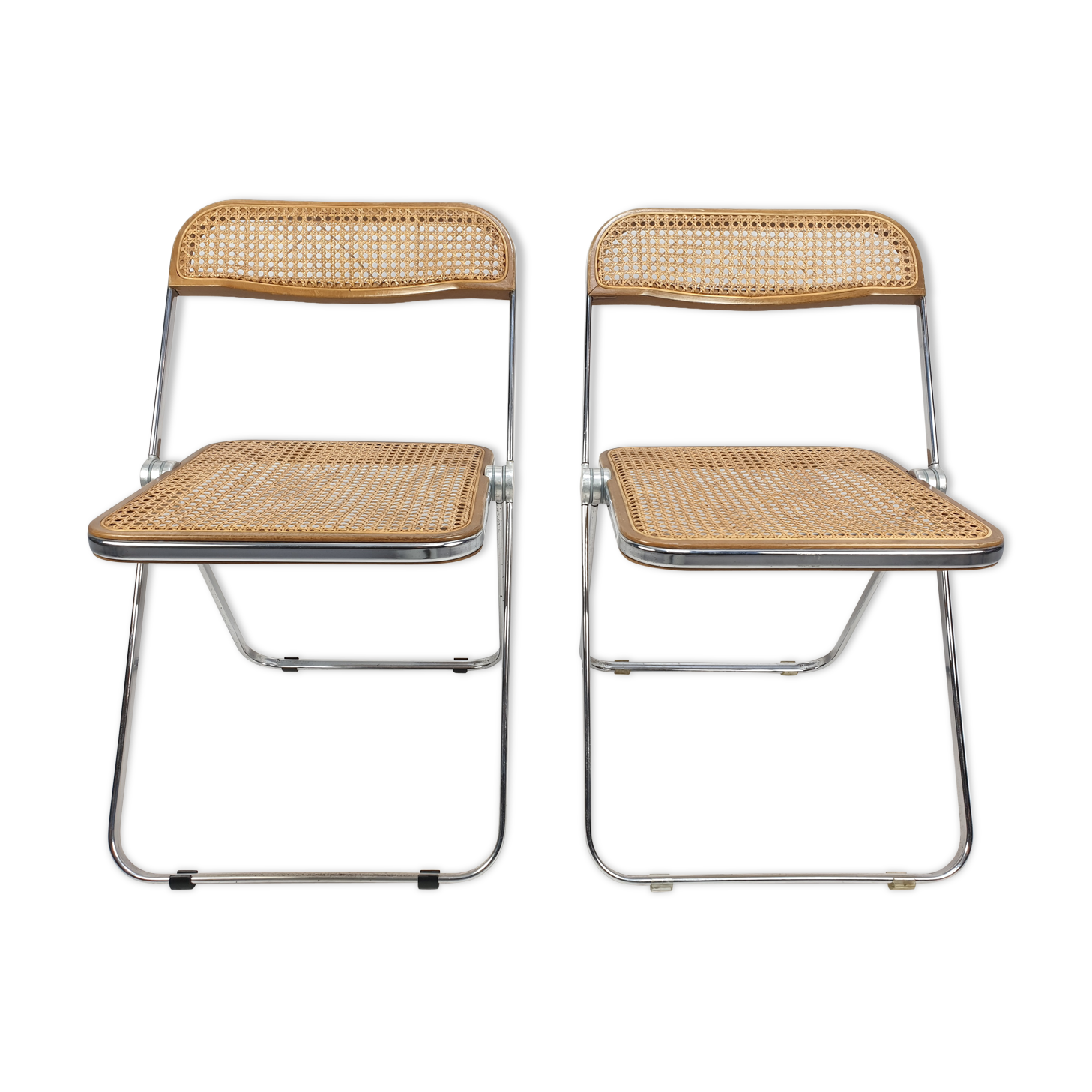 2 Plia folding chairs with woven wicker Giancarlo Piretti for Castelli, 1967