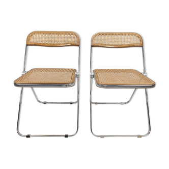 2 Plia folding chairs with woven wicker Giancarlo Piretti for Castelli, 1967