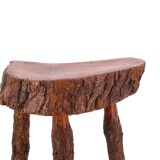 Wooden tripod stool with bark, 1950s