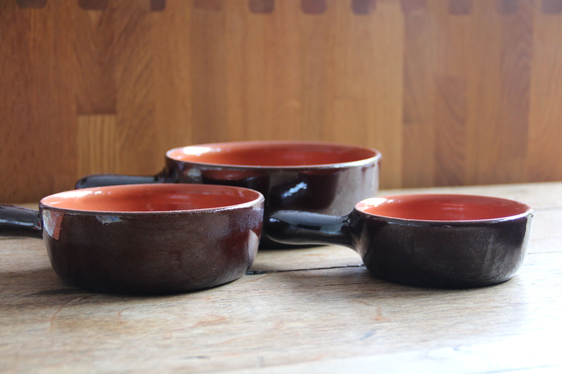 Set of 3 glazed terracotta caquelons