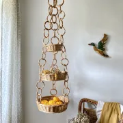 Large wicker suspension with three baskets, twisted ring chain.