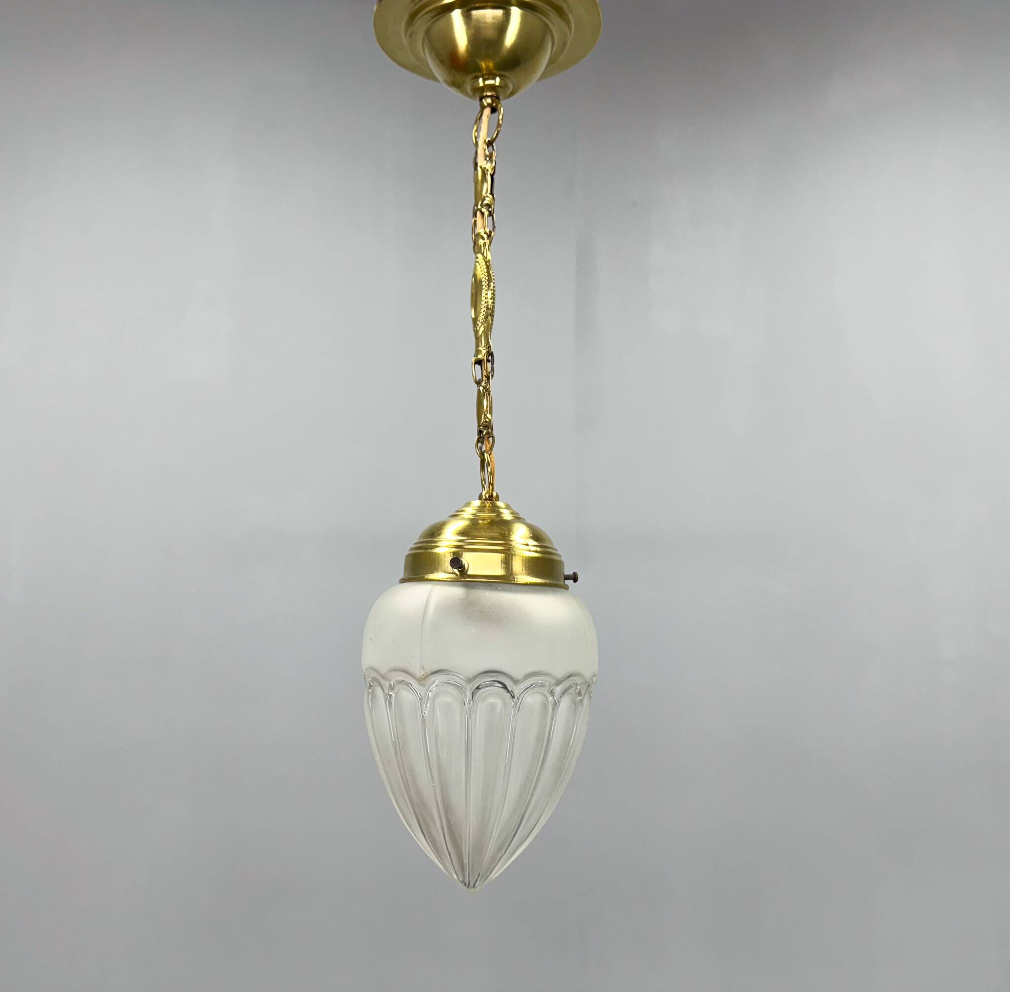 Art Deco Brass & Glass Pendant Light, Germany 1930s, Restored