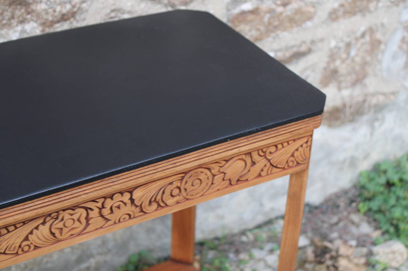 Art deco engraved wood side table