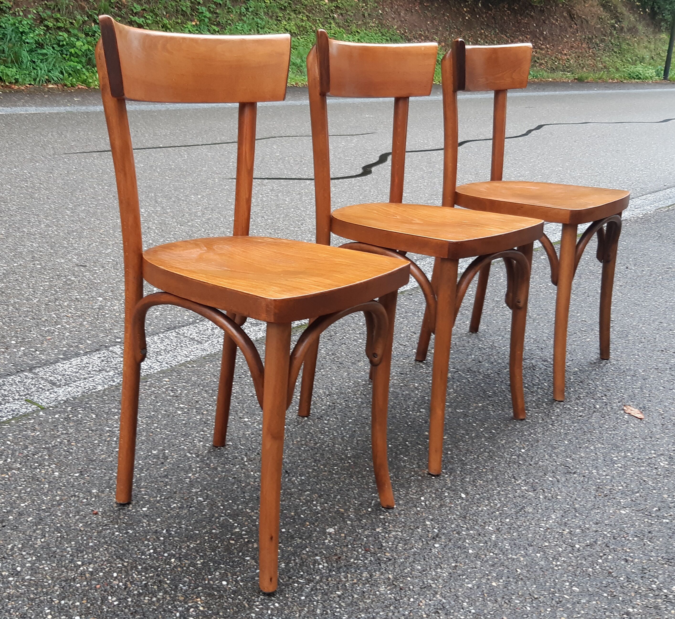Set of 3 curved wood bistro chairs