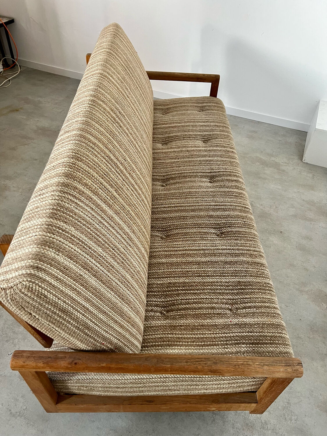 Old wooden sofa vintage brutalist design 60s