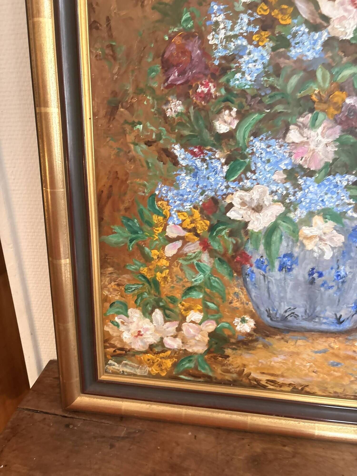 Oil Panel Bouquet Flowers Vase Blue Signed Framed Still Life