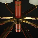 Mid-Century 8 arms Stilnovo chandelier in opaline, brass and red lacquer.