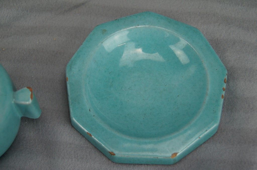 Octagonal blue-green ceramic pot and pouch Lifas / Alice Sordet-Bonifas (1902-1975)