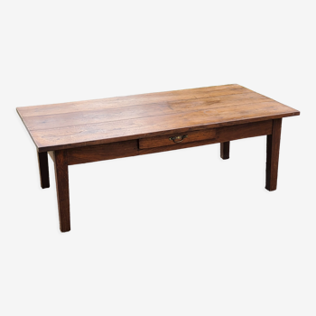 Table basse de ferme en chêne XIXième siècle 1 tiroir pieds fuseaux 149cm