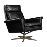 Mid-century danish modern minimalist black leather swivel armchair by georg thams, 1960s