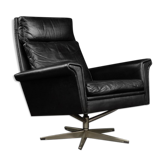 Fauteuil pivotant en cuir noir danois du milieu du siècle par Georg Thams, années 1960