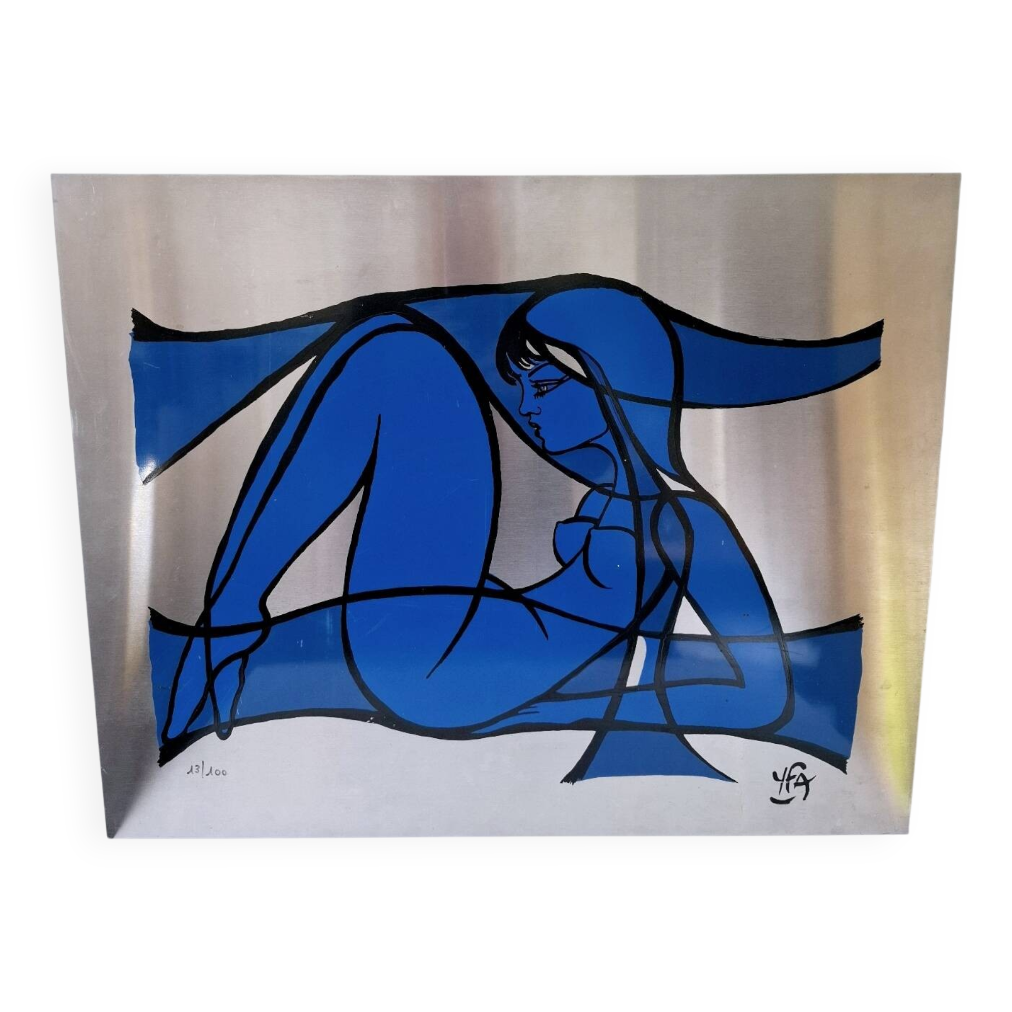 Silkscreen on brushed aluminium from the 1970s.