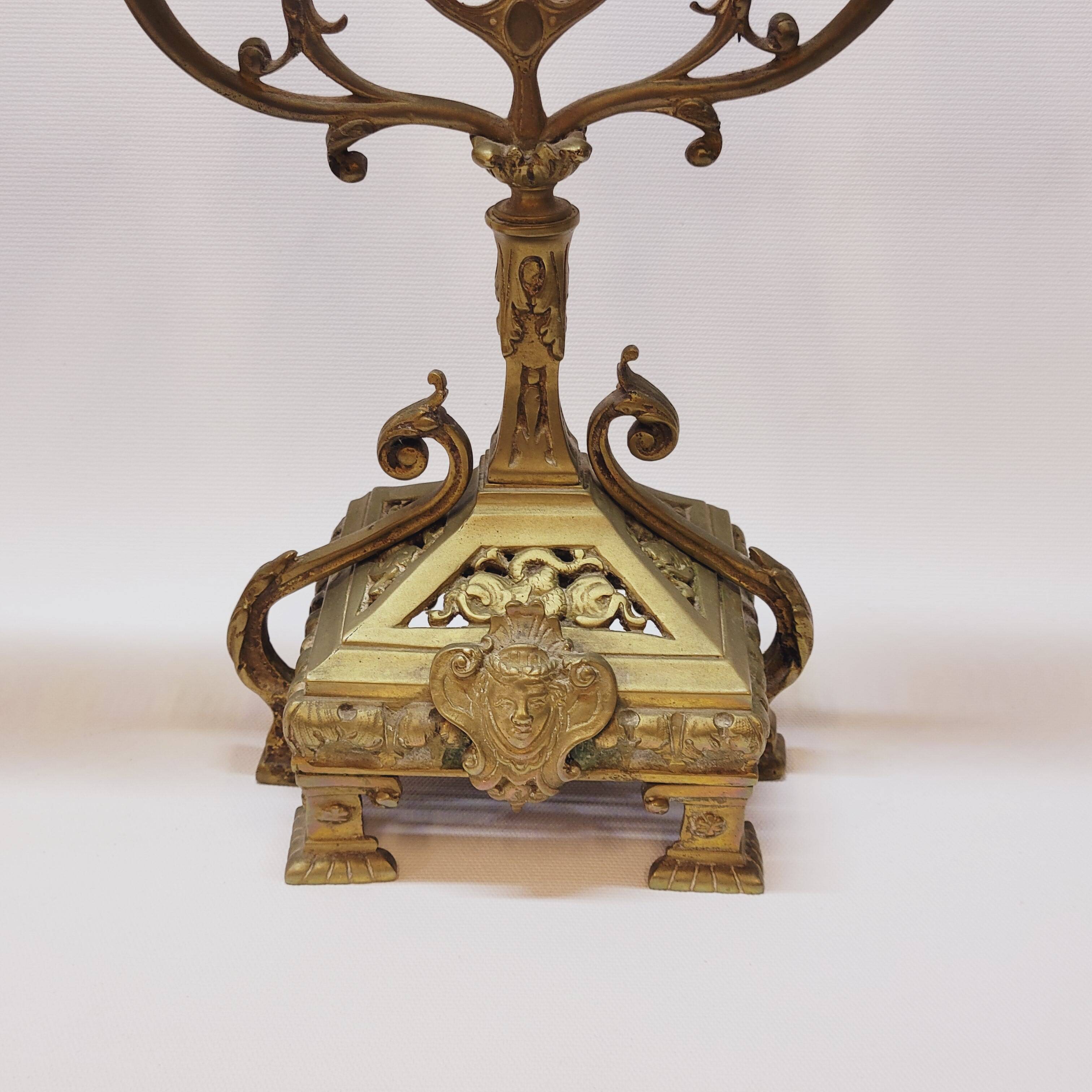 Old pair of 3 branched brass candlesticks