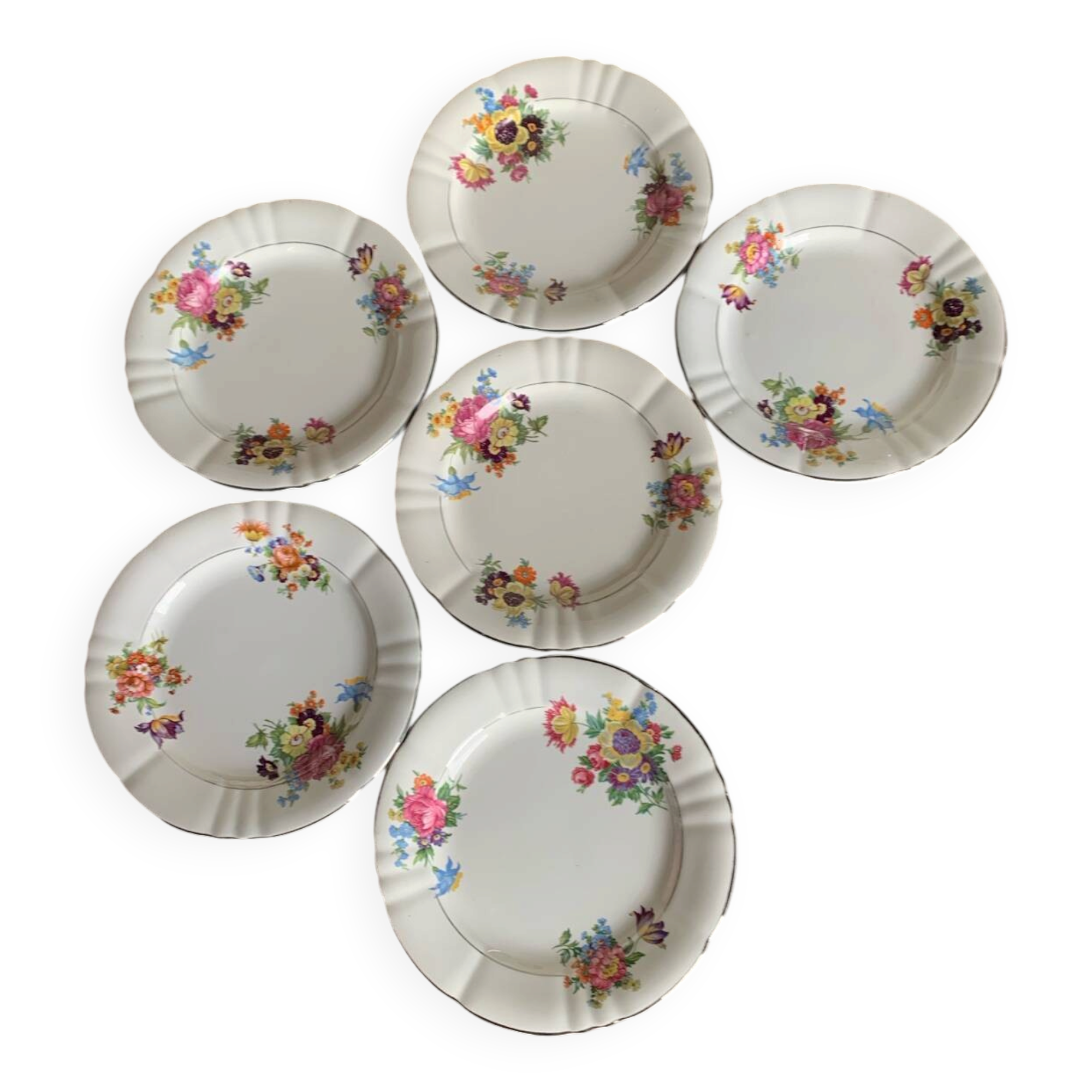 6 antique flat plates Moulin des Loups & Hamage – floral decoration