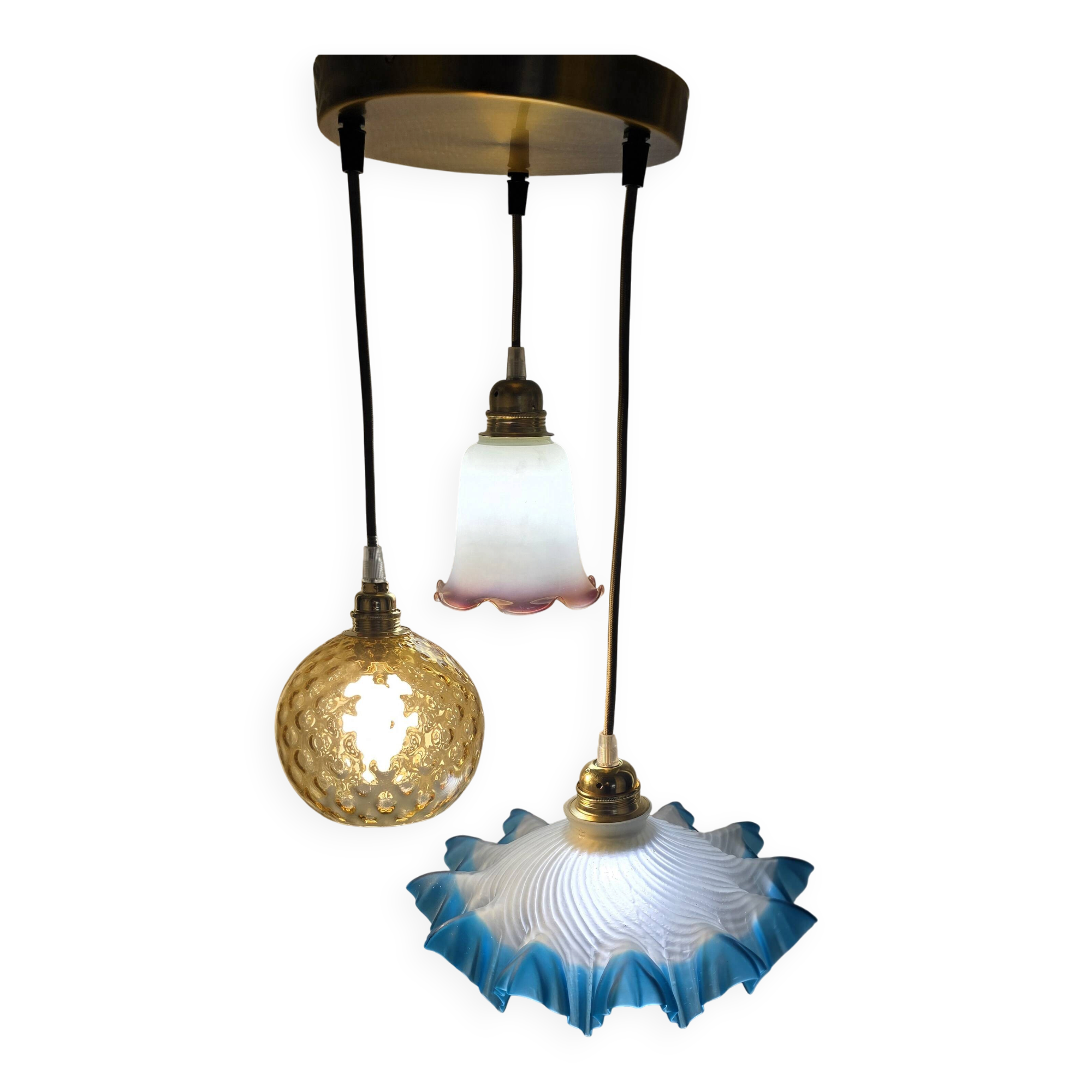 Suspension 3 globes en verre et 3 couleurs