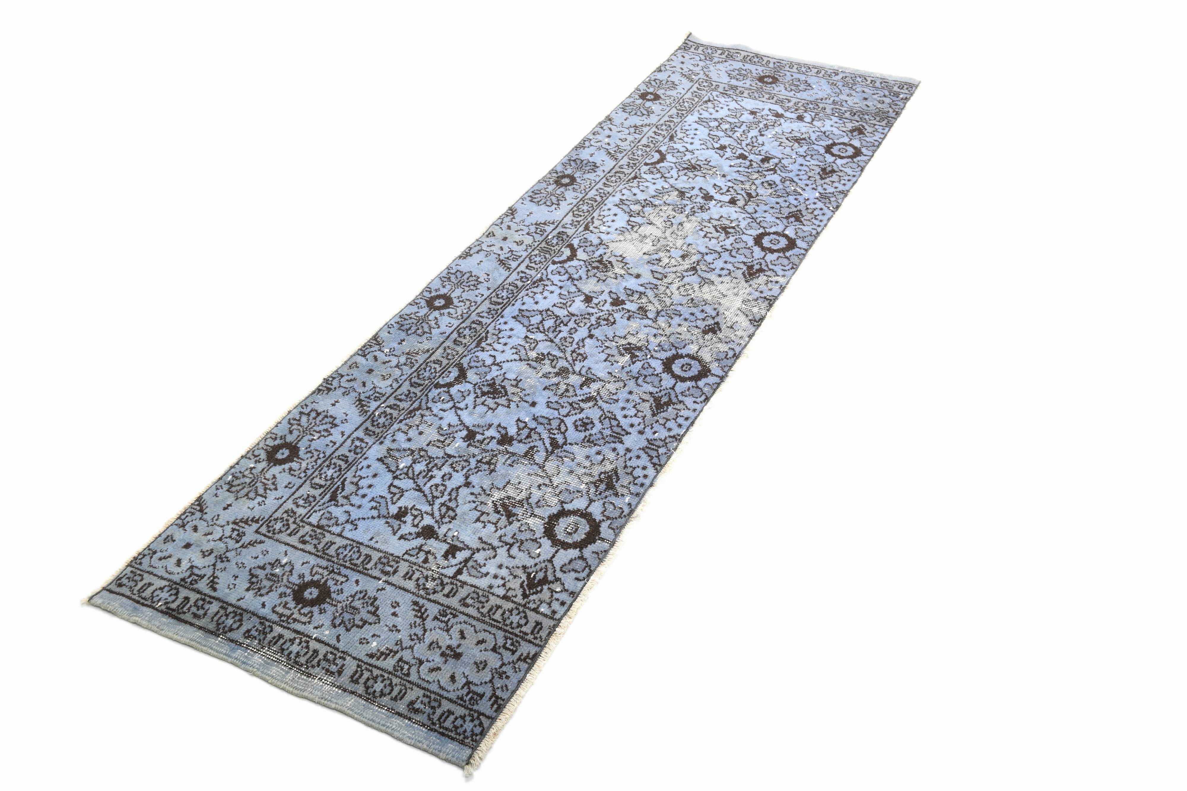 Turkish All-Over Floral Light Blue Vintage Runner Rug, 61x207Cm