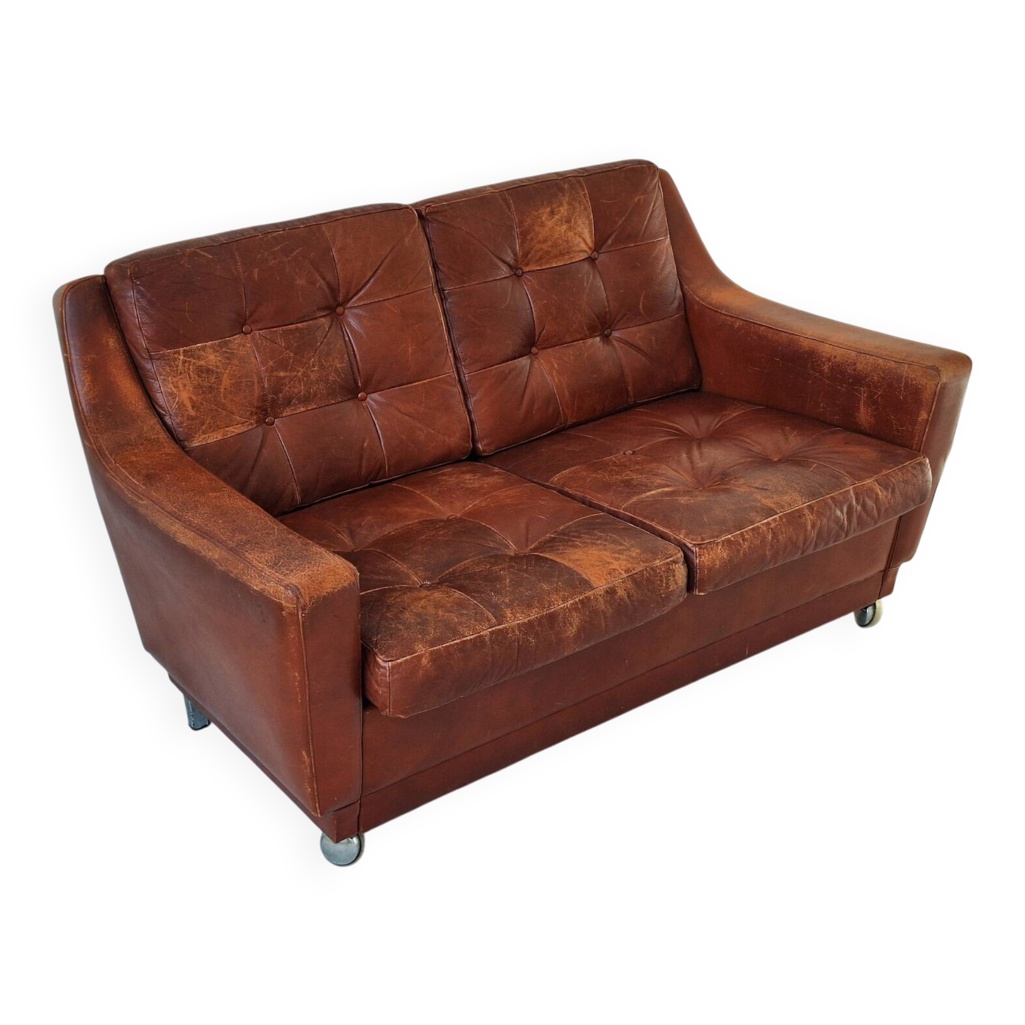 Mid century patchwork tufted patinated leather sofa, 1960s