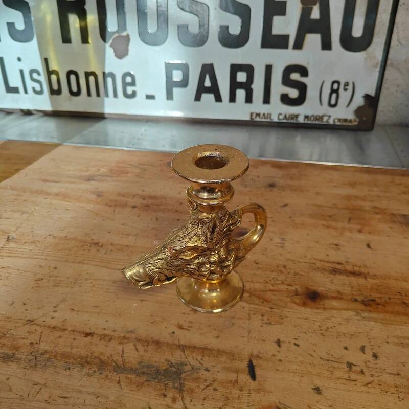 Vintage gold metal boar hunting candlestick