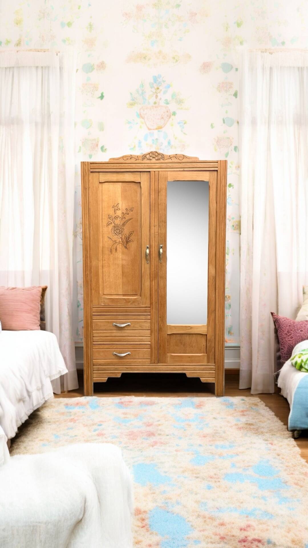 Parisian art deco hotel wardrobe in solid raw oak 1930