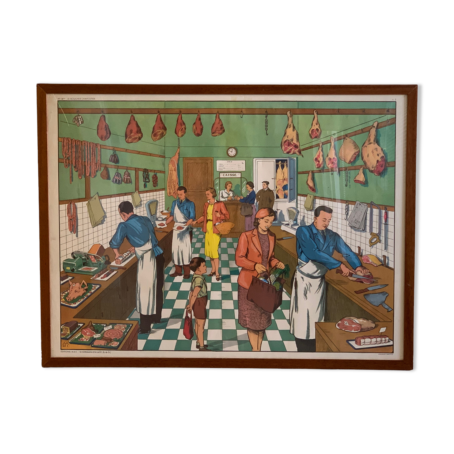 School poster 1960 framed double-sided n14bis The butcher charcutier- n 15 The garage