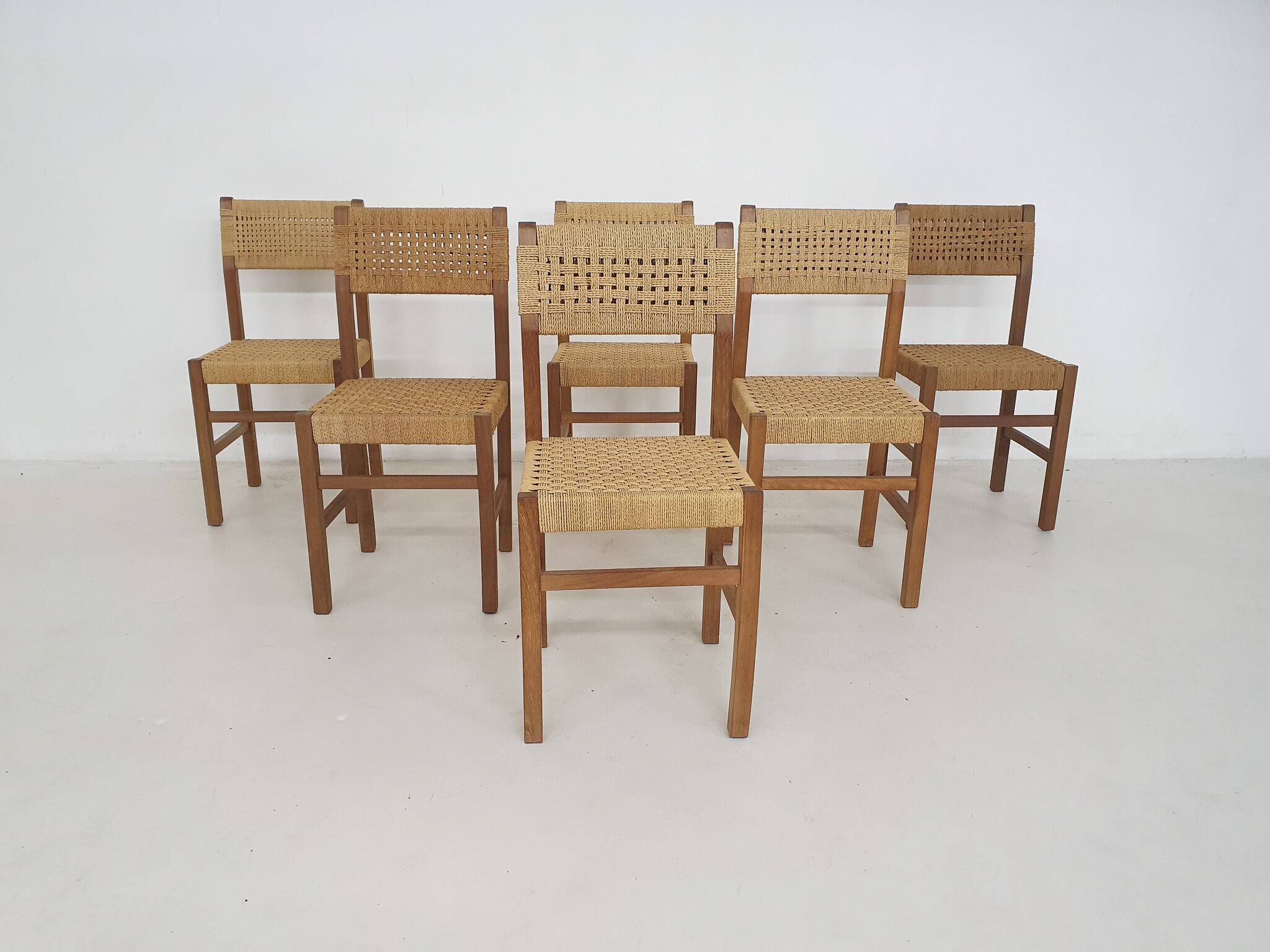 Set of six papercord dining chairs, France 1950's