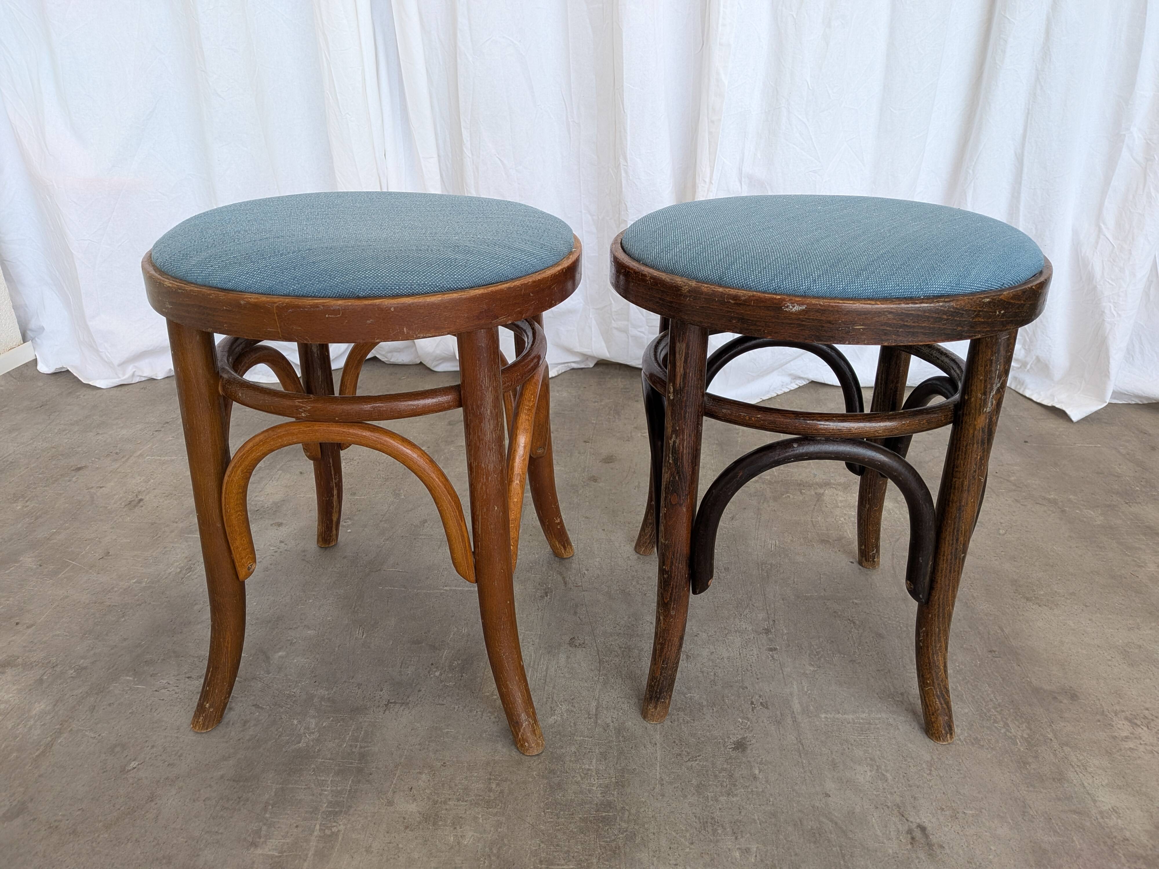 Pair of Vintage Bentwood Stools / Thonet Style / Upholstered Seat in Blue