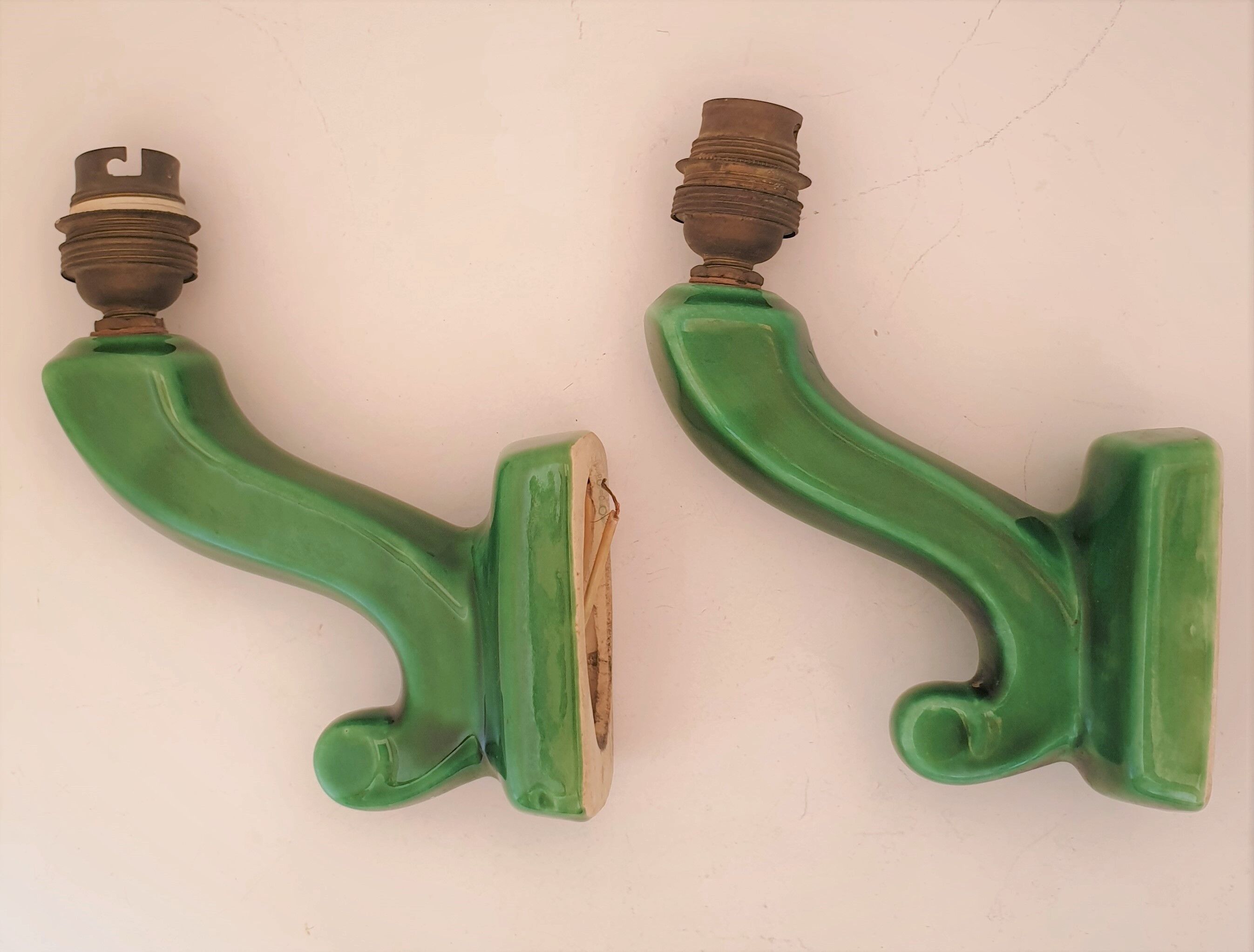 Pair of art deco sconces in emerald green ceramic