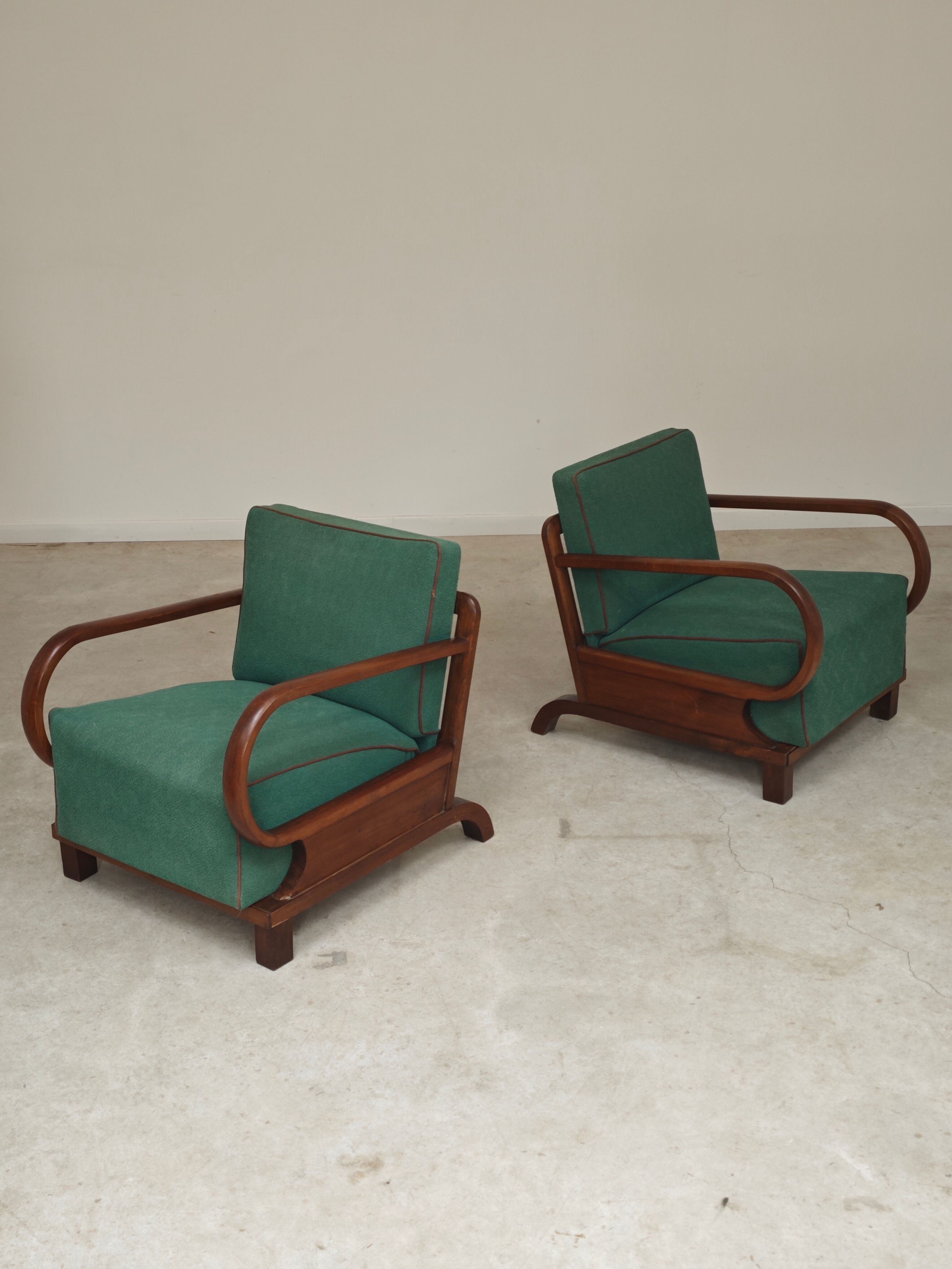 Paire de fauteuils Art déco vert par Jindrich Halabala, Prague 1930