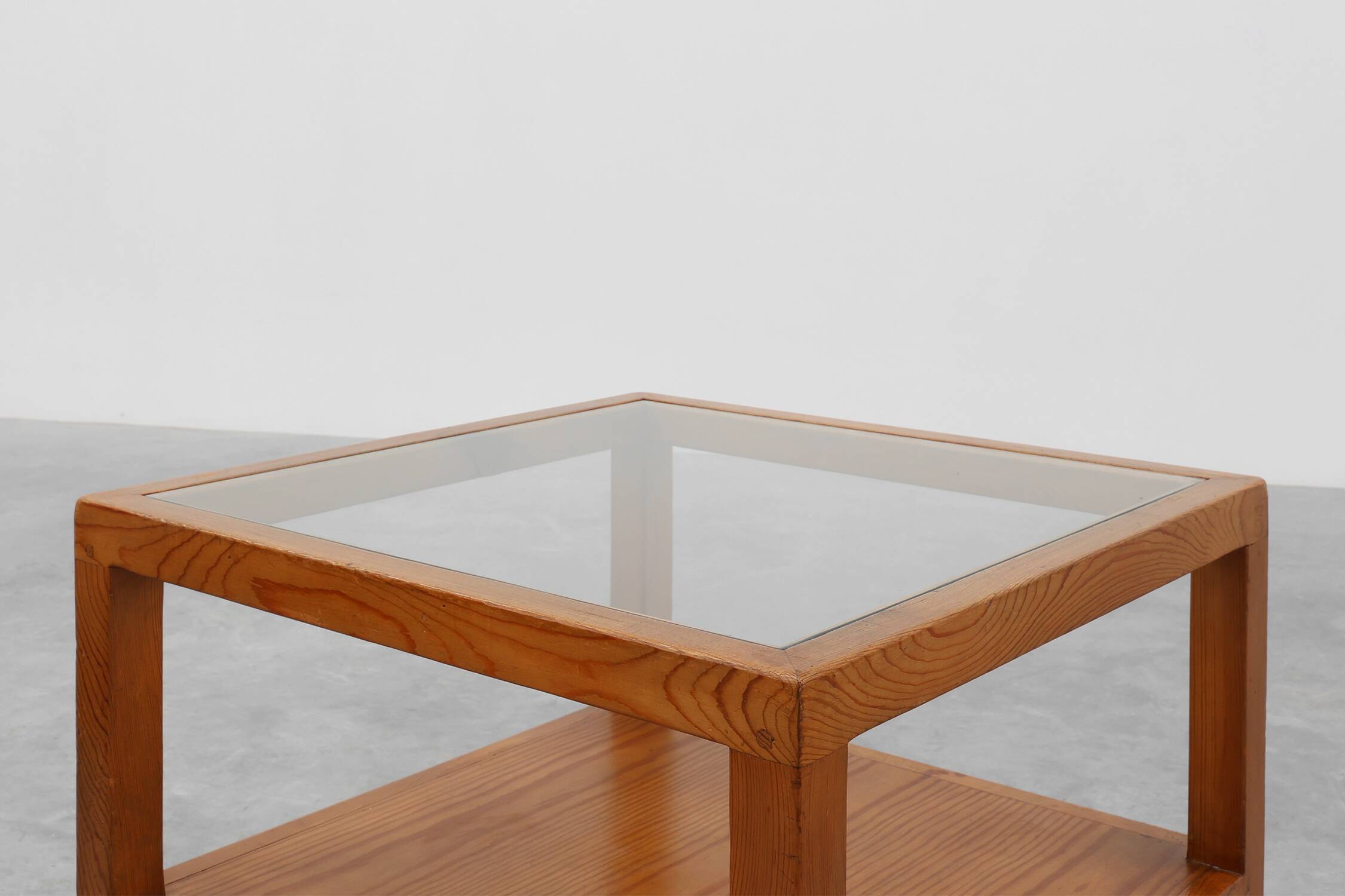 Pair geographical designed square Biosca coffee tables in pine wood, Spain