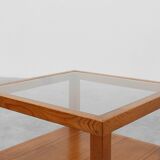 Pair geographical designed square Biosca coffee tables in pine wood, Spain