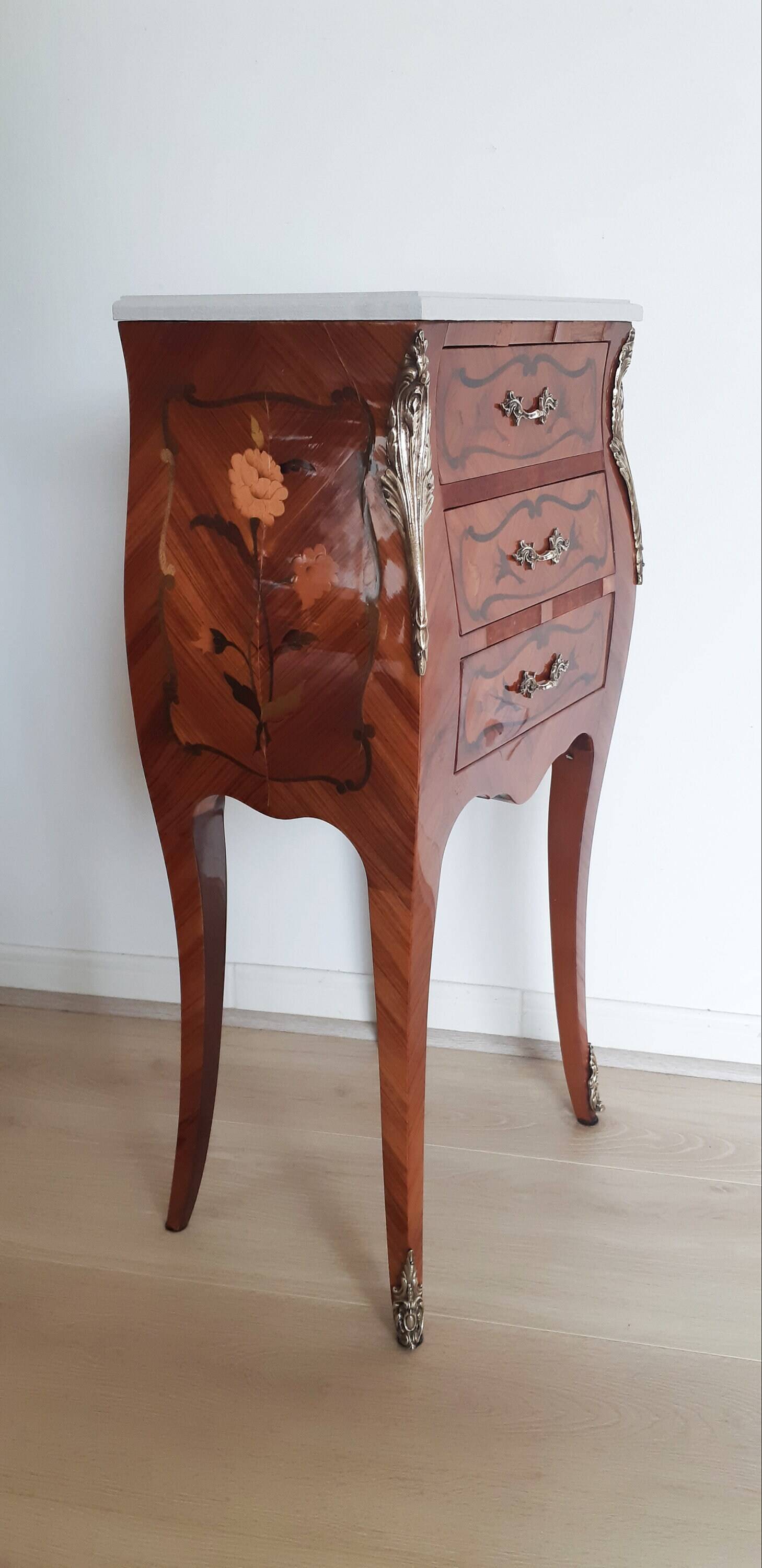 Antique bedside table in rosewood marquetry, Louis XV style