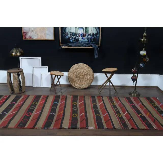 1970s Turkish Oushak Handmade  Red Brown Kilim Runner Rug 108x350