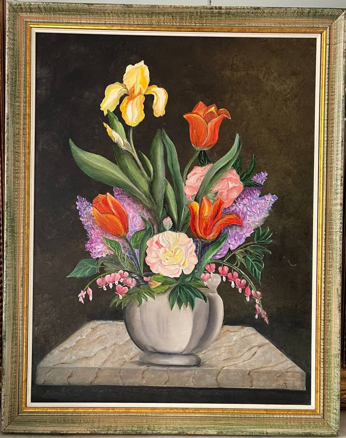 Vintage painting - floral still life on black background