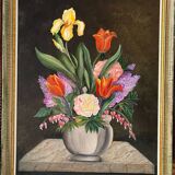 Vintage painting - floral still life on black background
