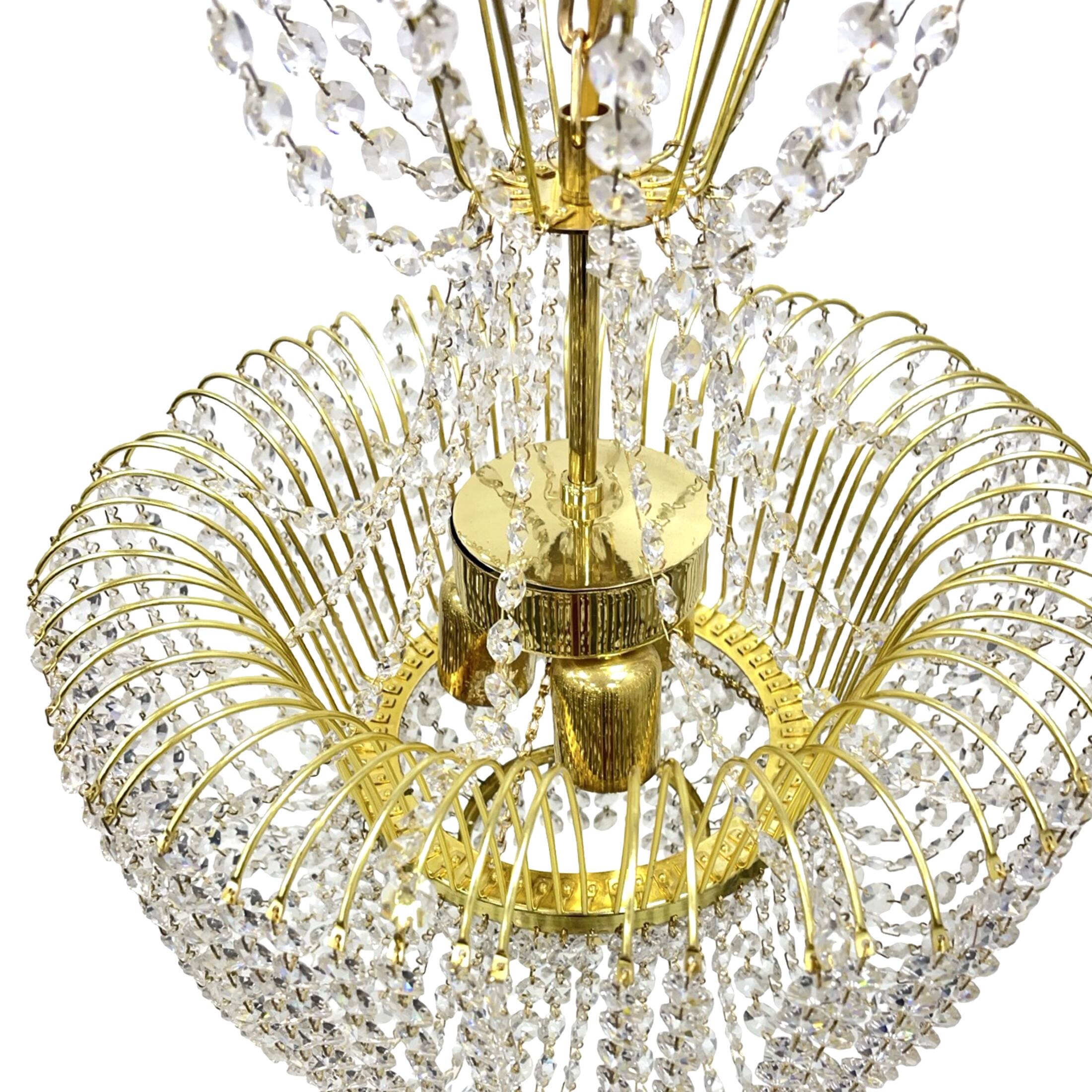 Kamenický Šenov crystal chandelier, gilded brass, 1970s, Czechoslovakia