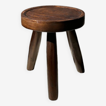 Low hollow upcycled teak tripod stool - Small brown solid wood stool circular seat cr
